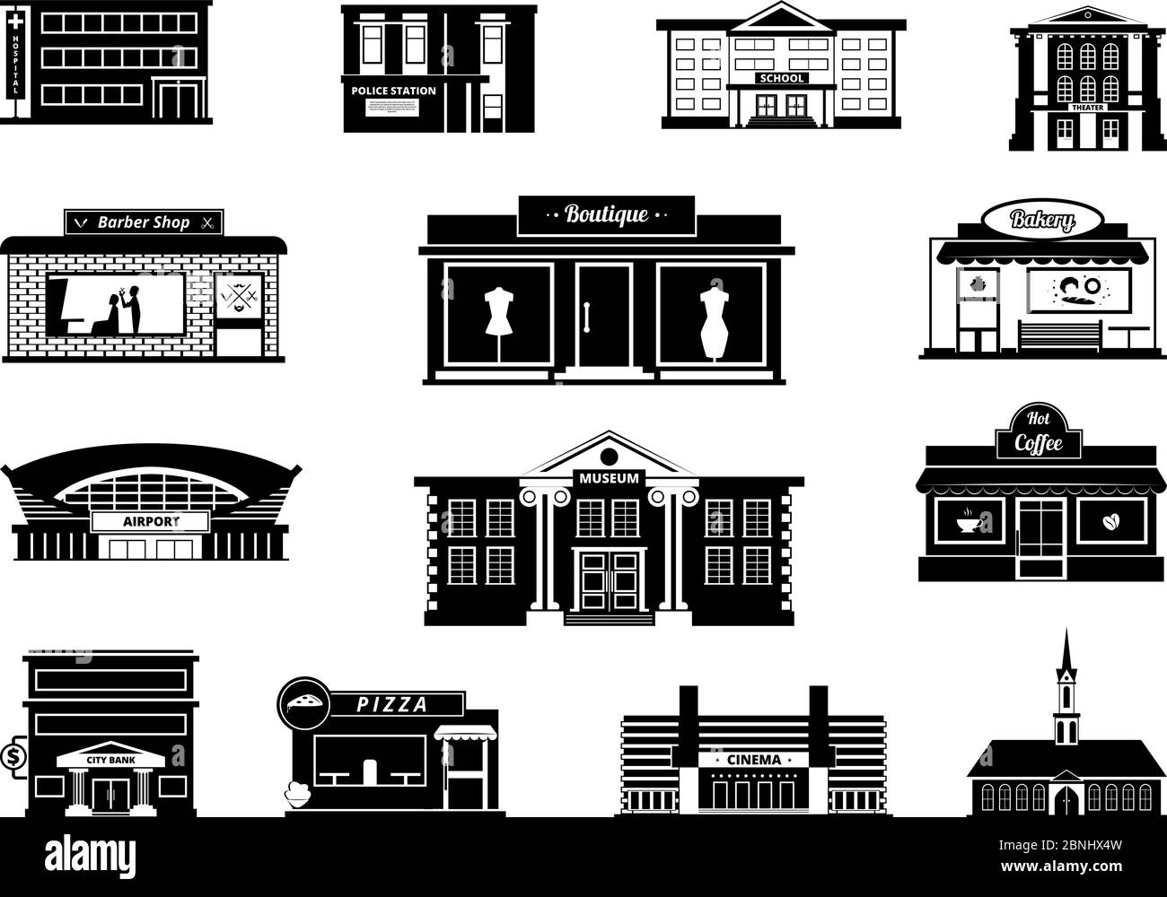 Shops, markets and others municipal buildings. Monochrome urban vector illustrations Stock Vector