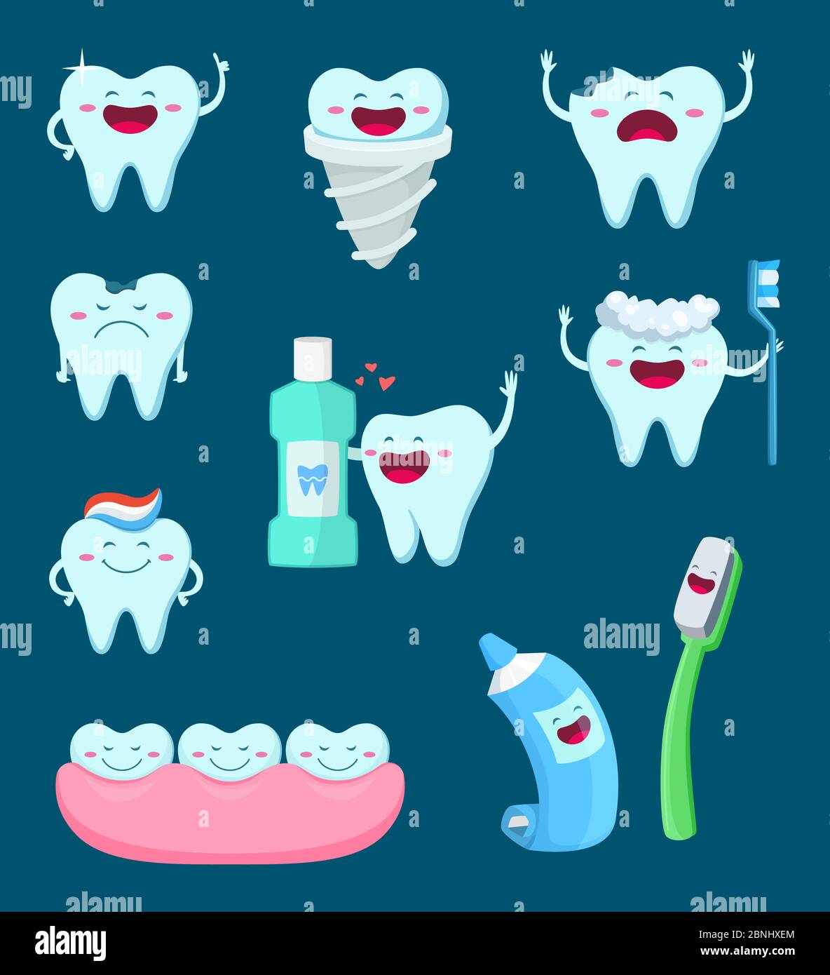 Vector characters set of funny teeth and toothbrush. Cartoon mascot illustrations Stock Vector