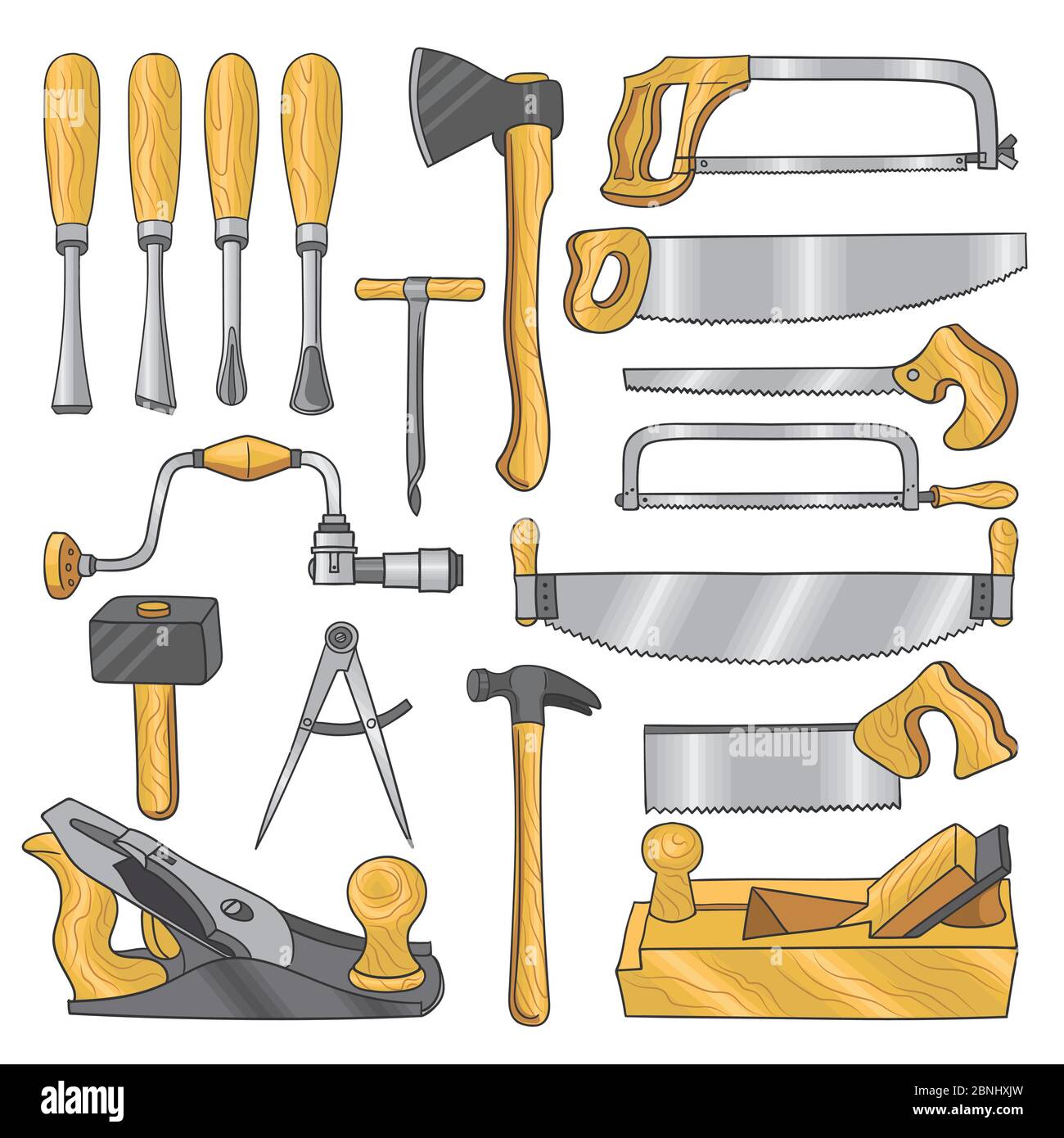 Colored illustrations of carpentry tools. Wooden work Stock Vector