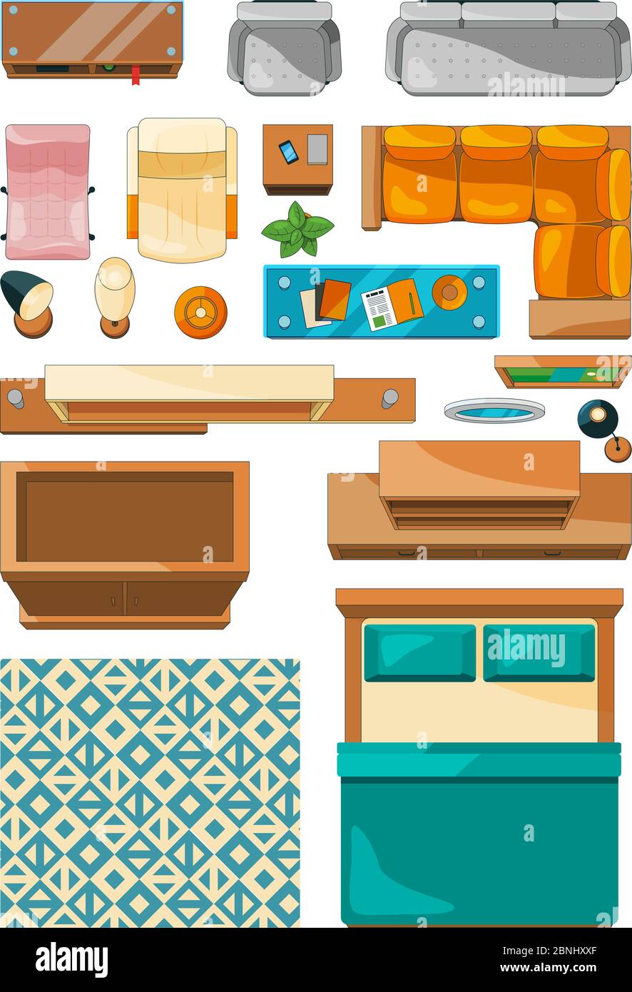 Different icons of furniture top view. Vector illustrations for create layout of apartment Stock Vector
