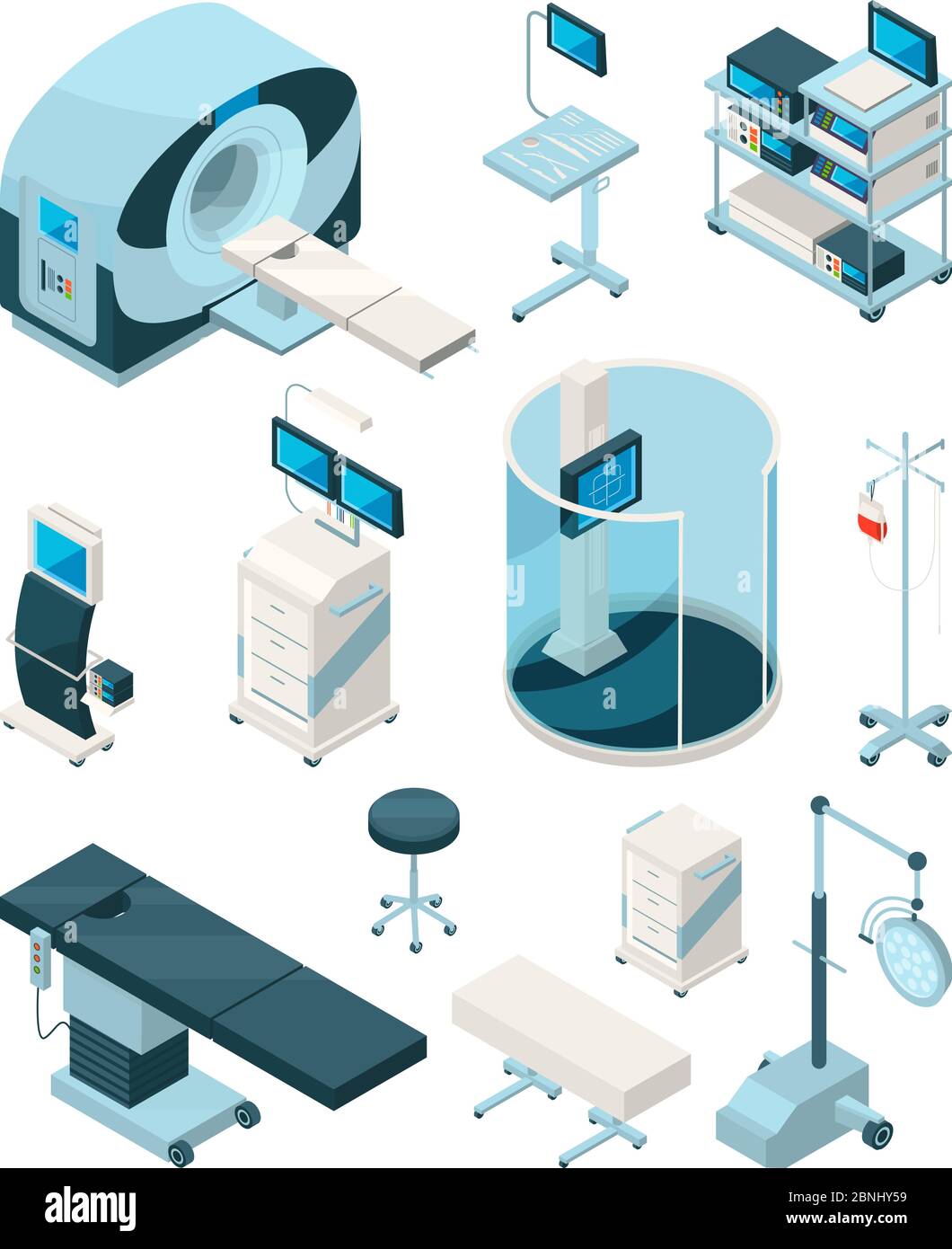 Different hospital equipment. Medical tables and other devices Stock