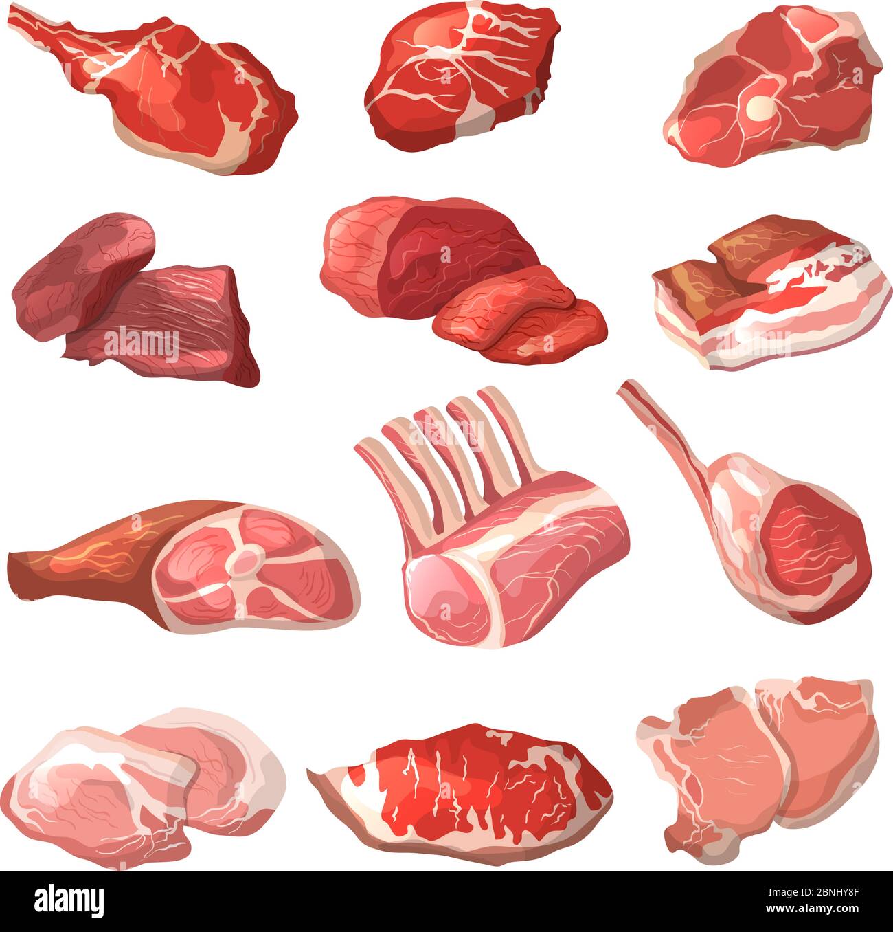 Lamb, pork beef, and other meat pictures in cartoon style Stock Vector