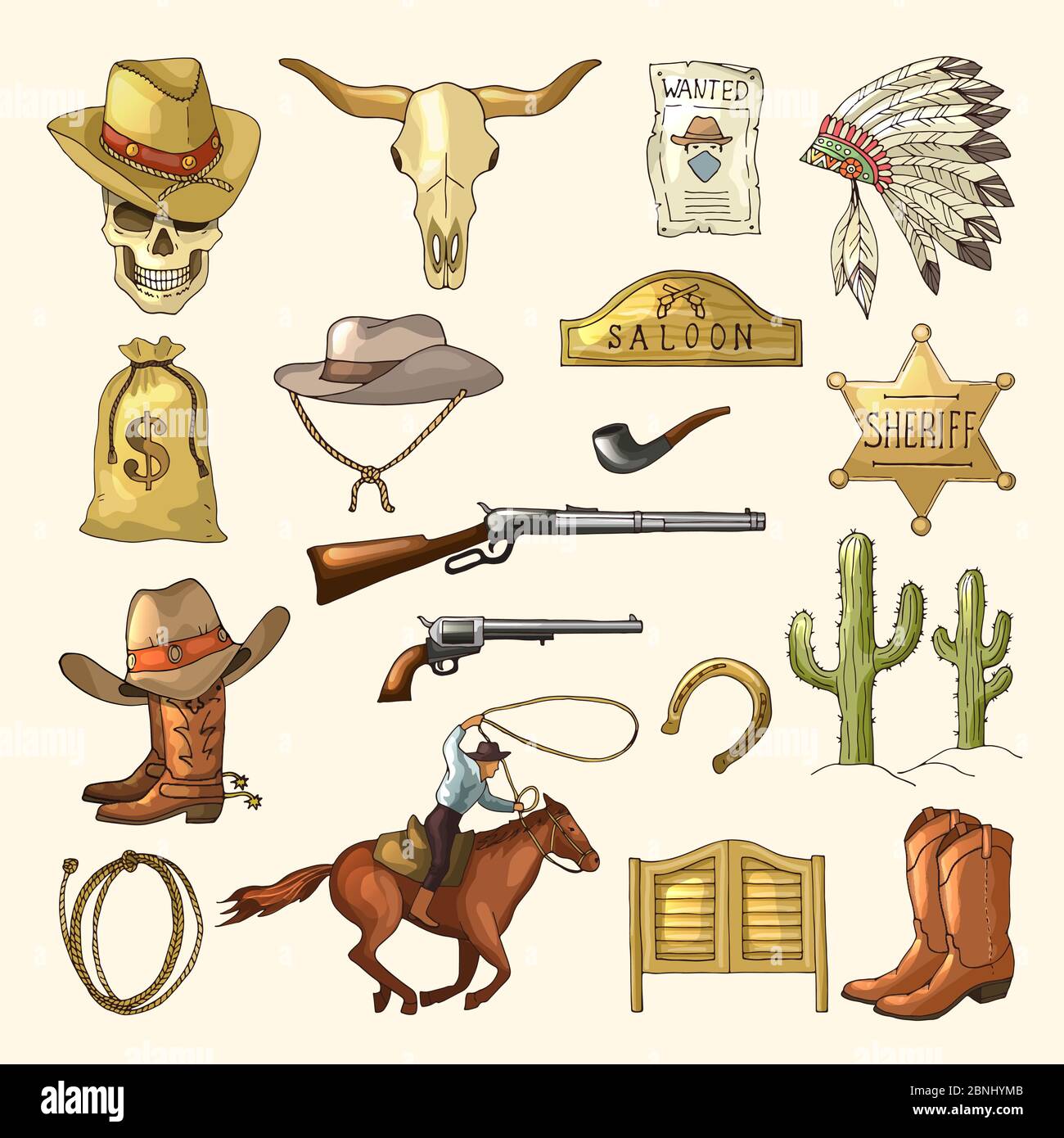 Colored illustrations of wild west symbols. Western vintage pictures isolated Stock Vector