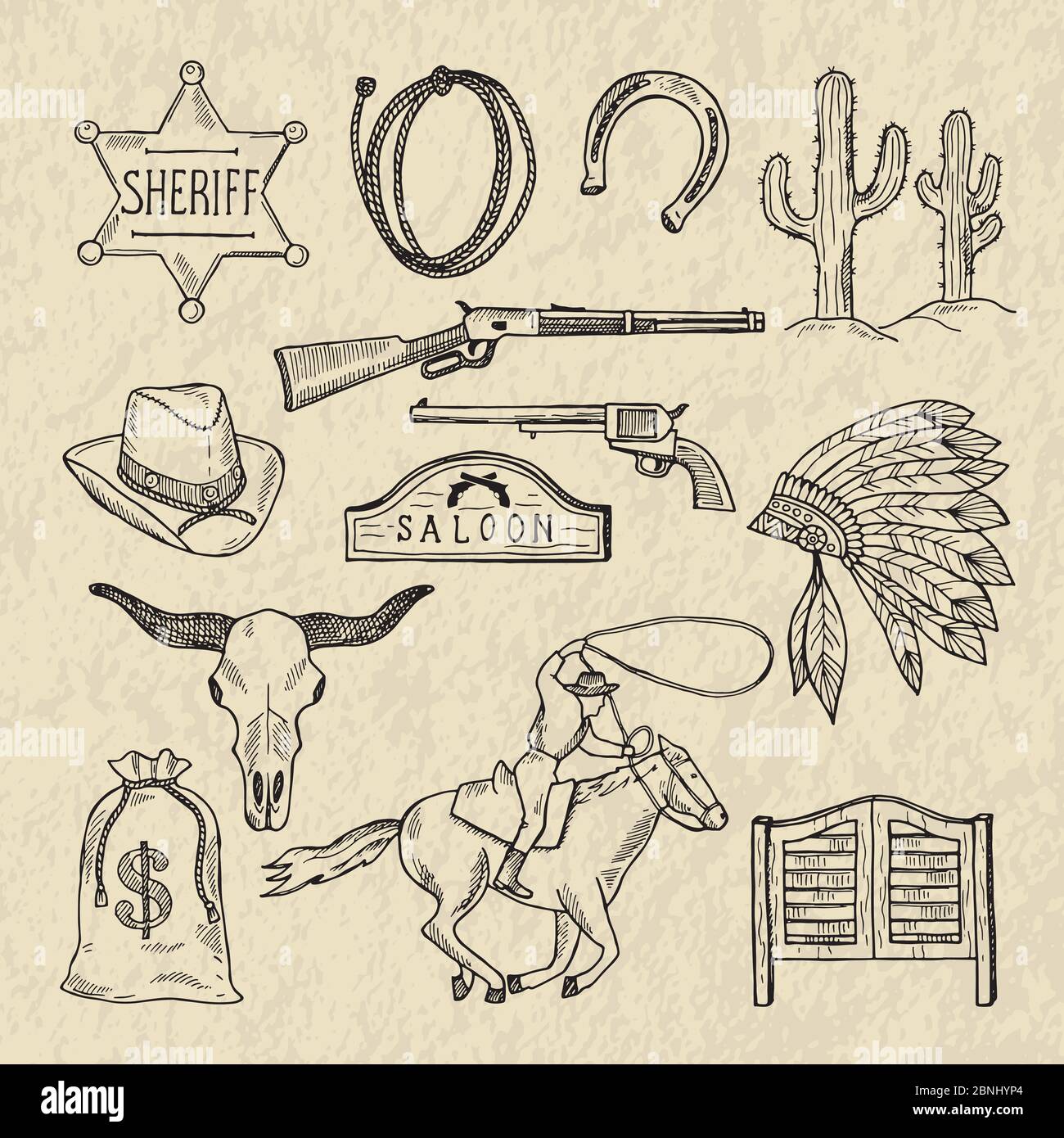 Monochrome hand drawn illustrations of different wild west symbols. Western pictures set isolate Stock Vector