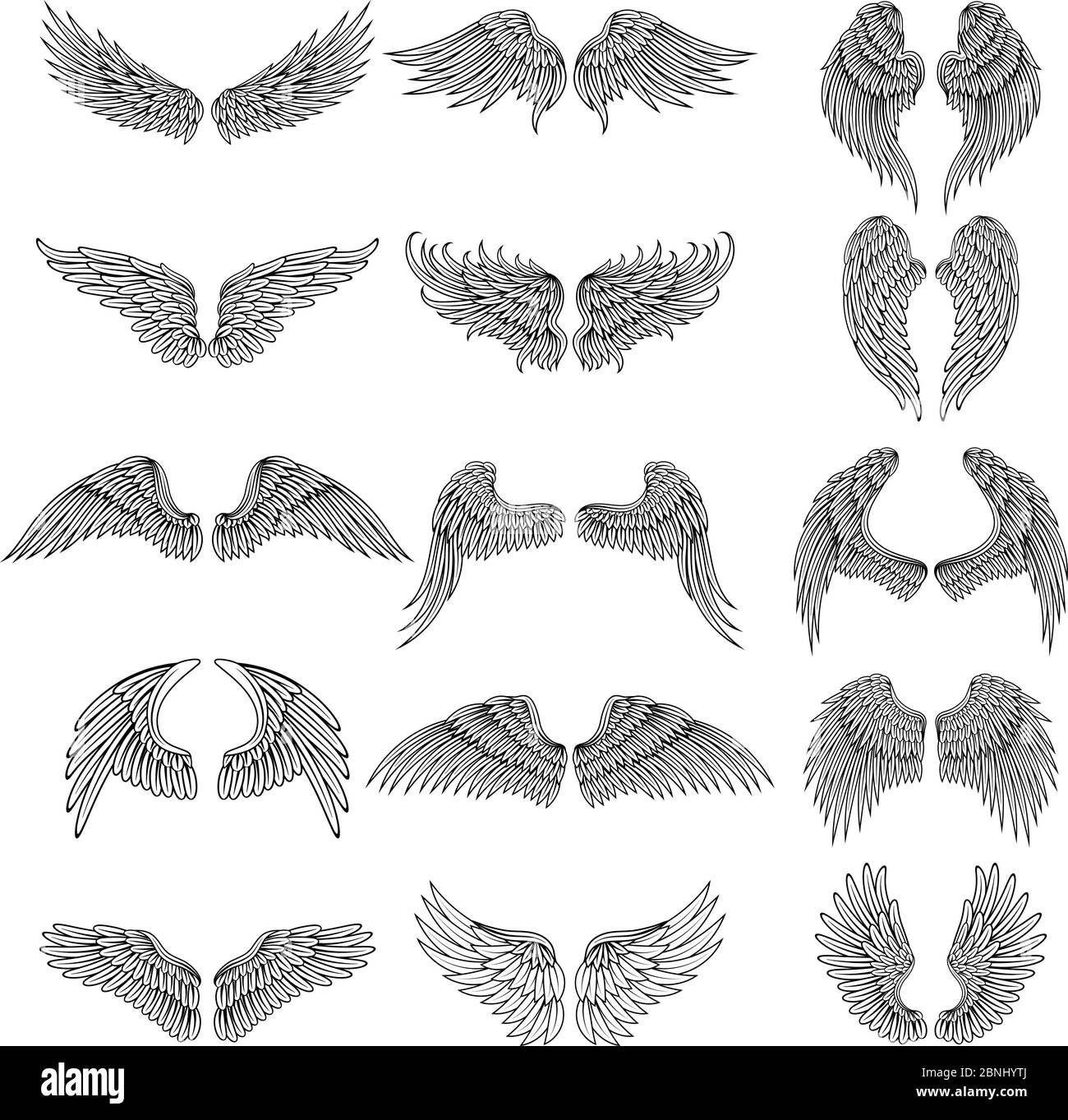 Tattoo design pictures of different stylized wings. Vector illustrations for logos design Stock Vector