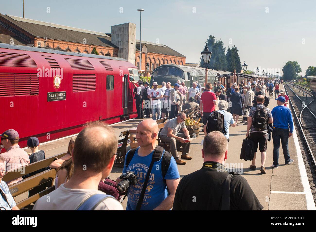 Diesel gala Severn Valley Railway Kidderminster station.View of vintage diesel locomotive, busy platform, crowds of rail enthusiasts, trainspotters. Stock Photo