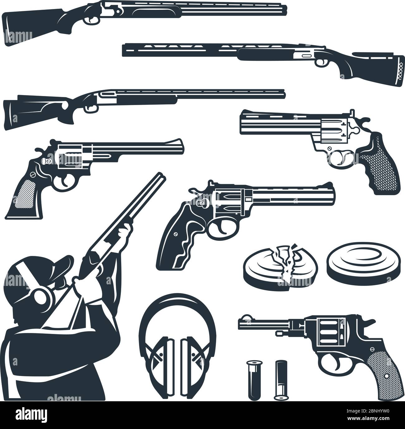 Vector set of monochrome pictures of different weapons and accessories for shooting club Stock Vector