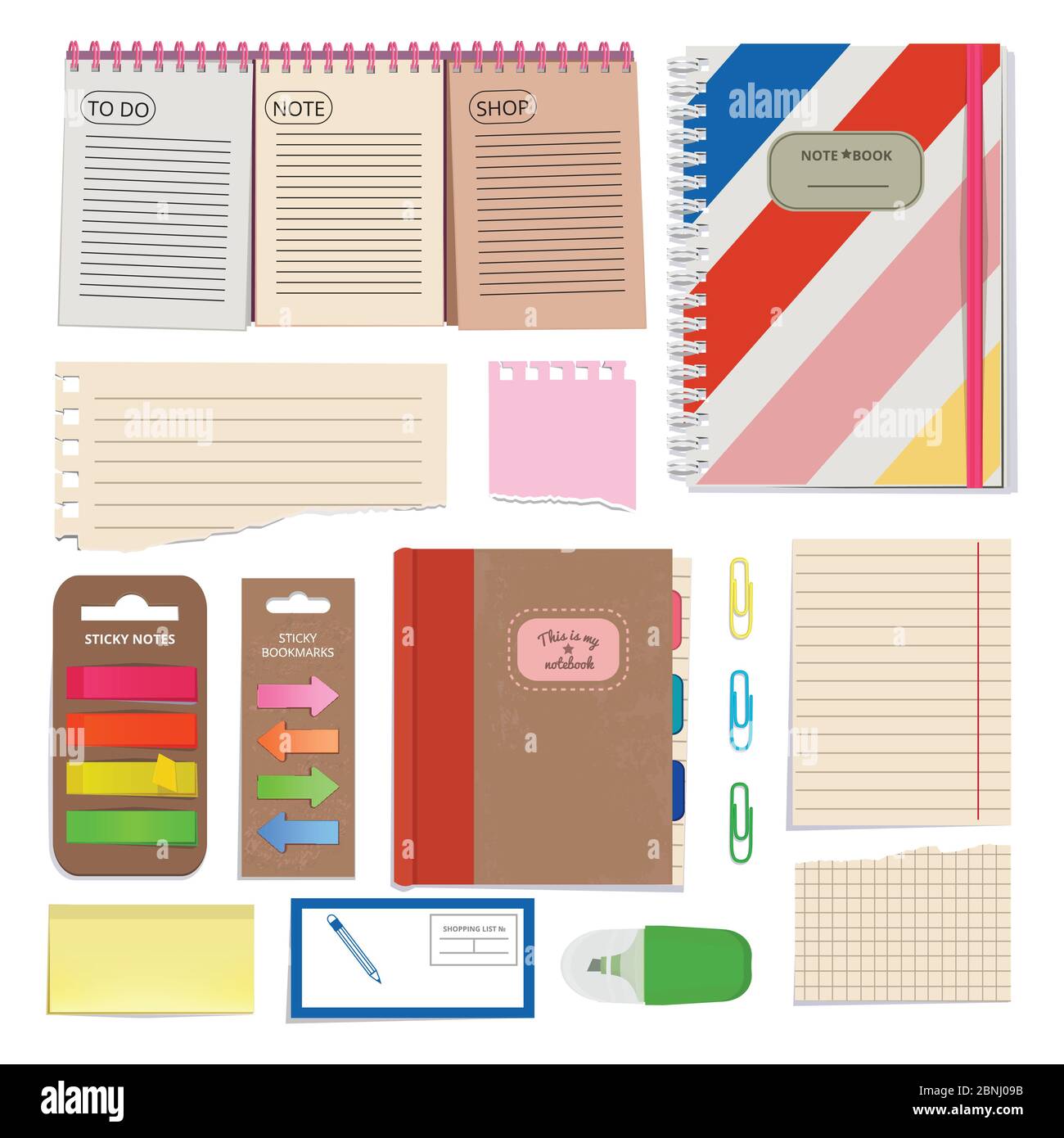 Diary, blank papers, notepad and other organizer tools. Vector pictures