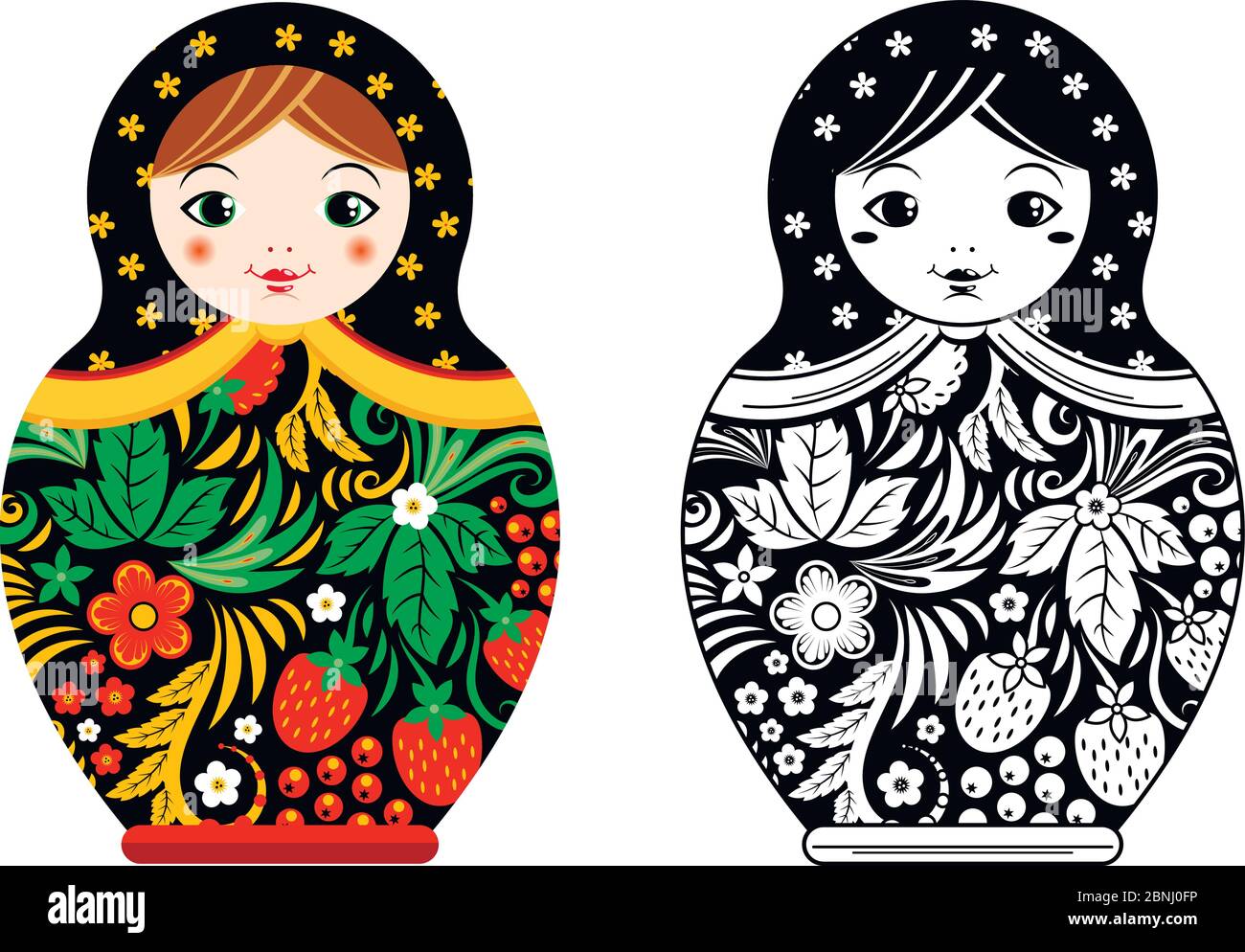 Retro russian doll. Matryoshka painted at khokhloma style. Vector linear and colored pictures Stock Vector
