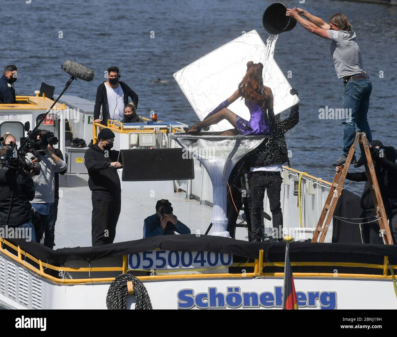 Berlin, Germany. 15th May, 2020. Jacky, finalist of the casting show Germany's Next Topmodel, poses on a boat on the Spree during shooting for the final show of the 15th season. The live finale of "GNTM" will take place on 21 May 2020. Credit: Jens Kalaene/dpa-Zentralbild/dpa/Alamy Live News Stock Photo
