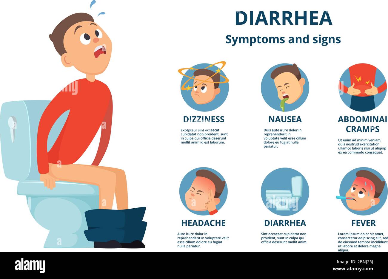 Problem with stomachache. Character in bathroom room sitting on toilet. Diarrhea infographics Stock Vector