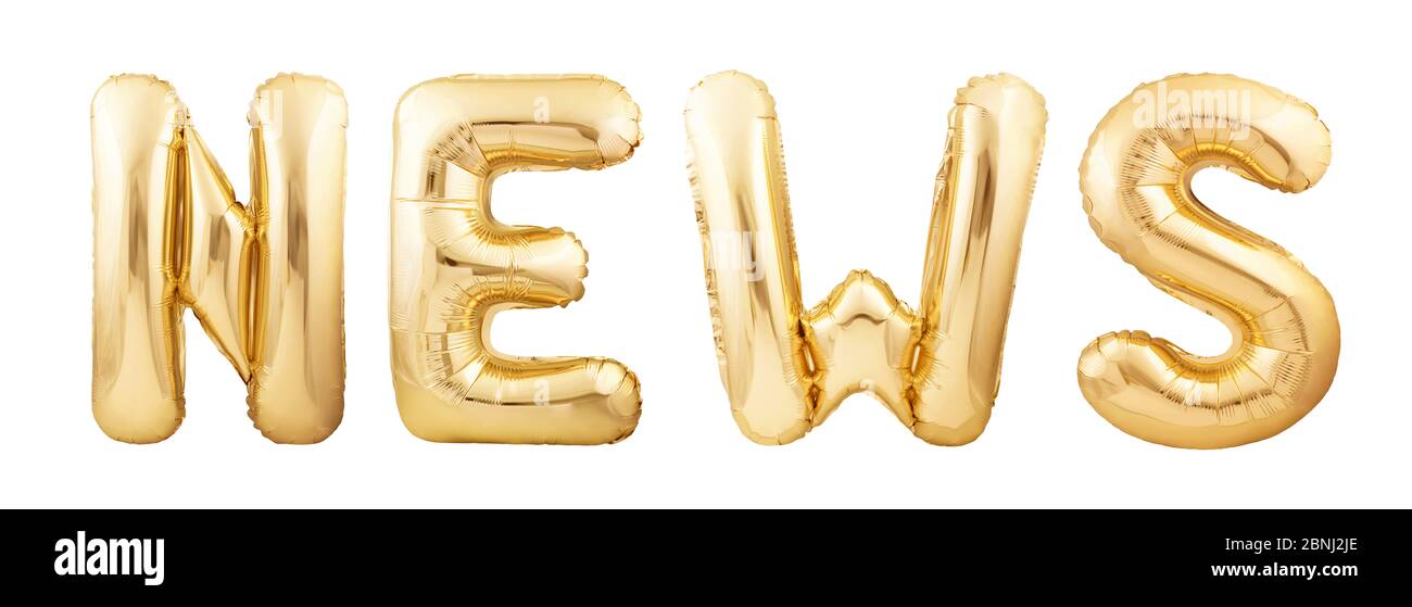 News word made of golden helium balloons isolated on white background Stock Photo