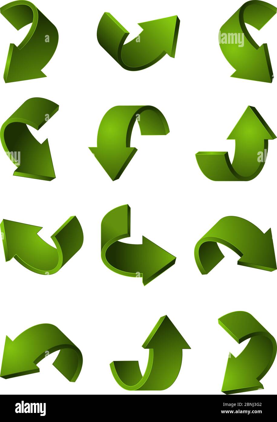 Set of different 3d arrows green color. Vector pictures Stock Vector