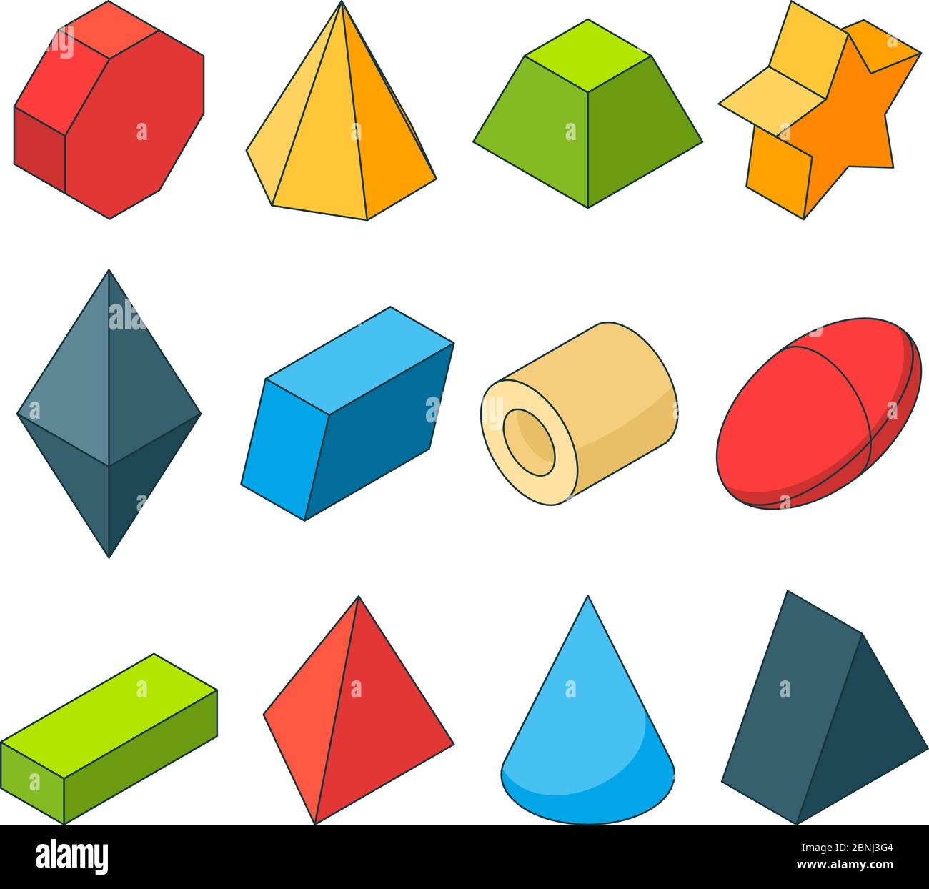 Colorful isometric pictures of geometry shapes. Christal, cylinder, prism and others Stock Vector