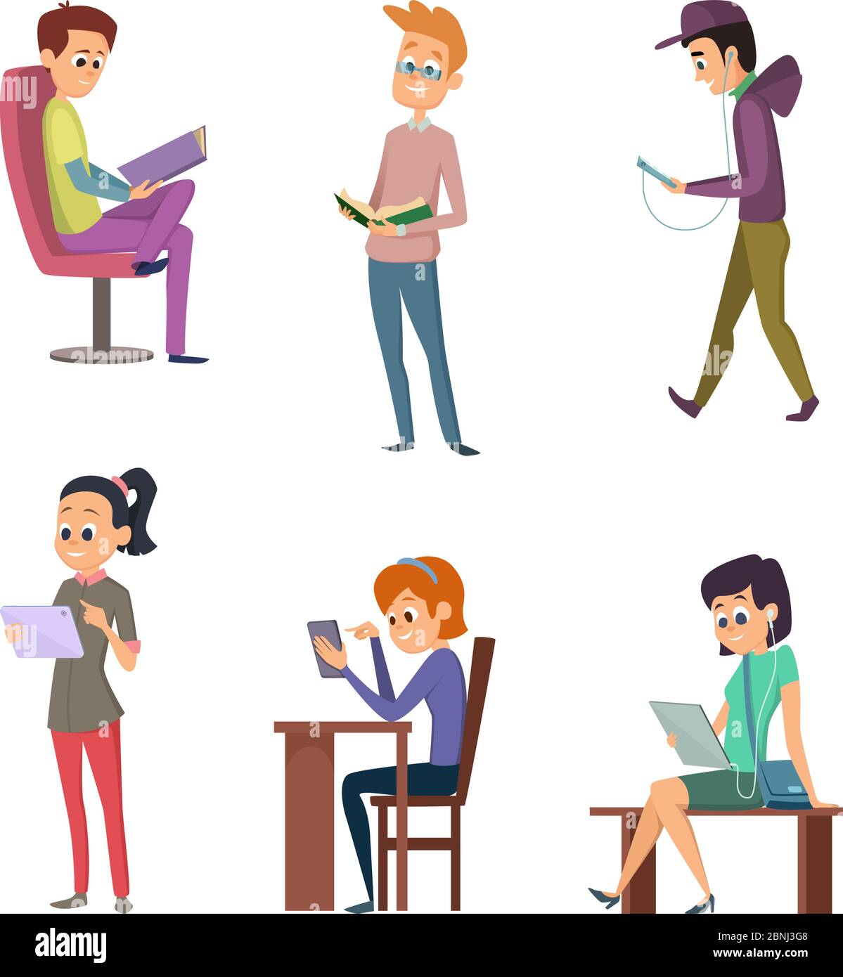 Different people male and female reading books. Student study at library Stock Vector
