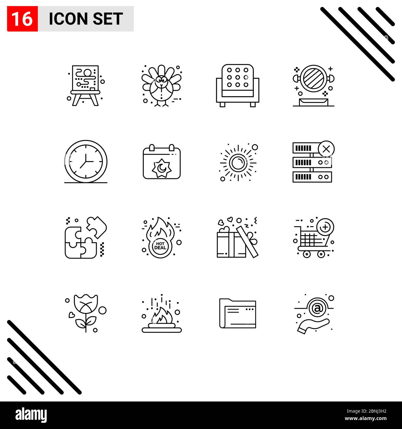 Set of 16 Modern UI Icons Symbols Signs for wall, clock, interior, toilet, mirror Editable Vector Design Elements Stock Vector