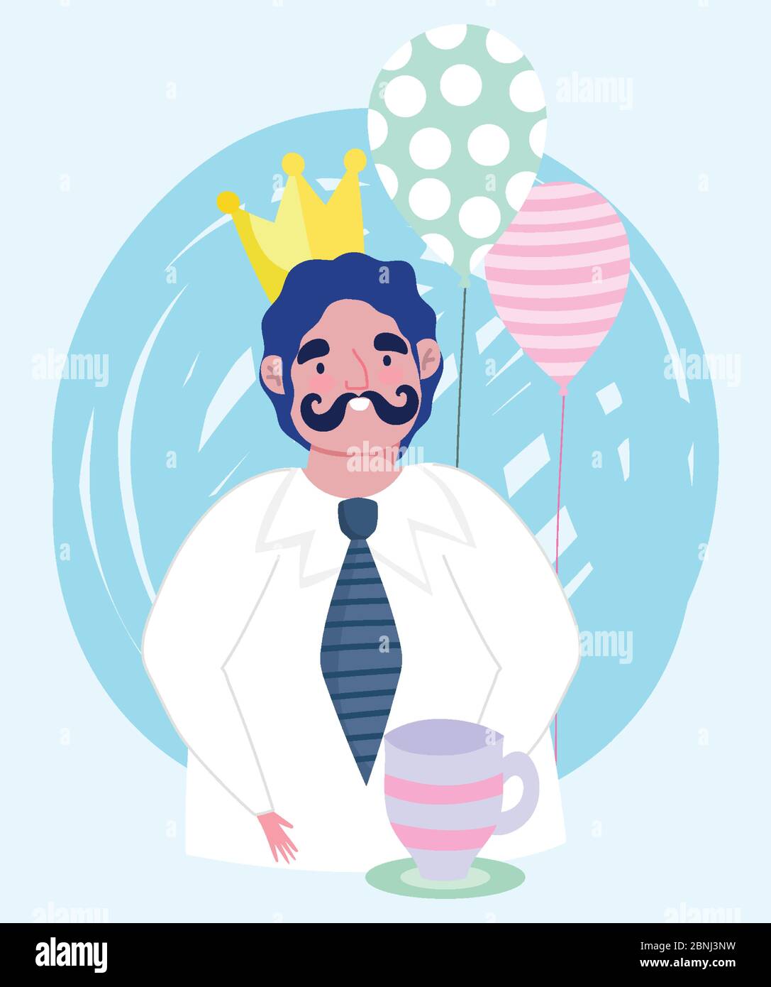 happy fathers day, dad with crown coffee cup and balloons cartoon ...
