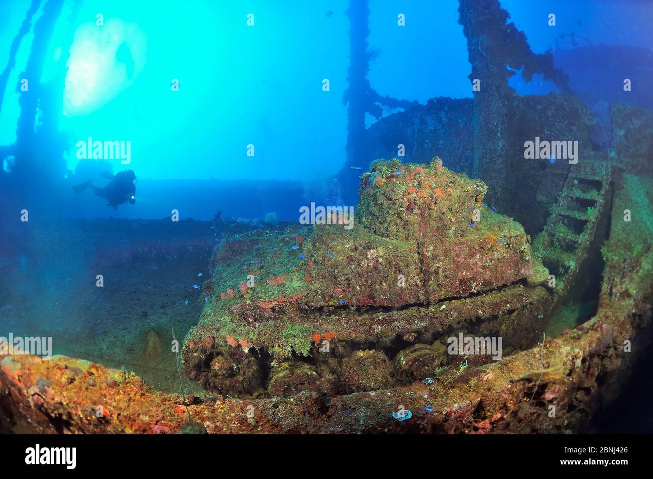 A diver above a tank laying on the deck of the wreck of the Nippo Maru, a cargo ship used as a naval auxiliary, Chuuk or Truk Lagoon, Carolines Island Stock Photo