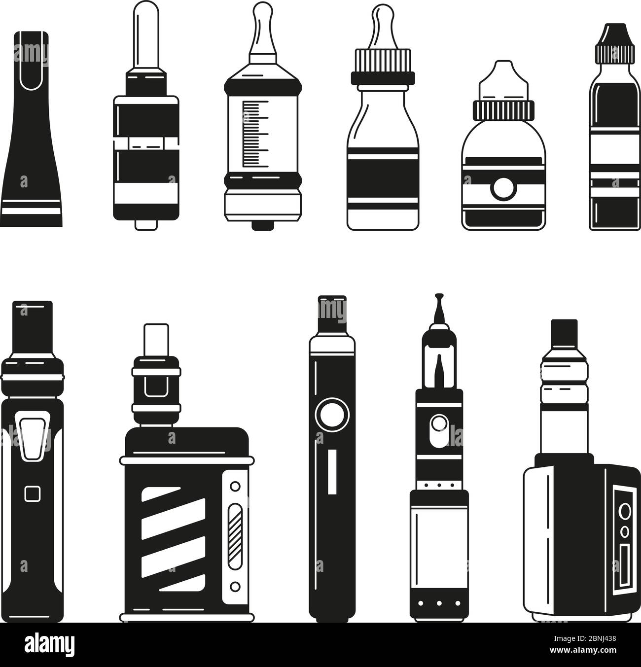 Electronic cigarettes and bottles for smoking club or shop. Vector monochrome pictures Stock Vector
