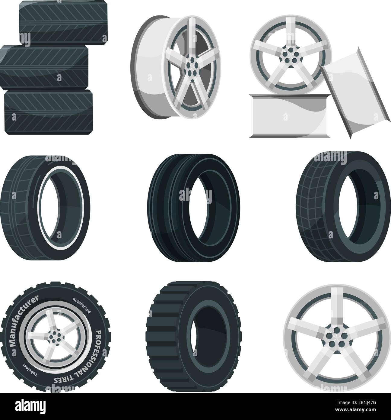 Icon set of different disks for wheels and tires. Vector pictures set in cartoon style Stock Vector