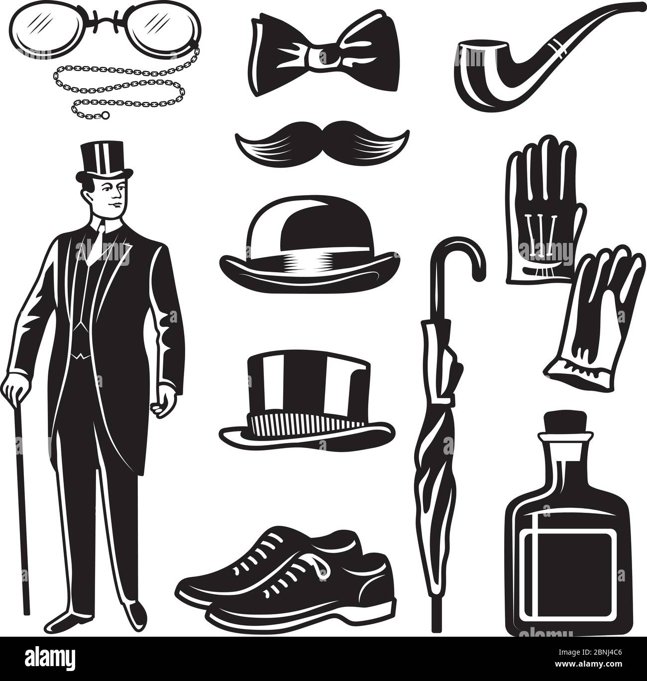 Victorian style monochrome illustrations for gentleman club. Vector pictures set Stock Vector