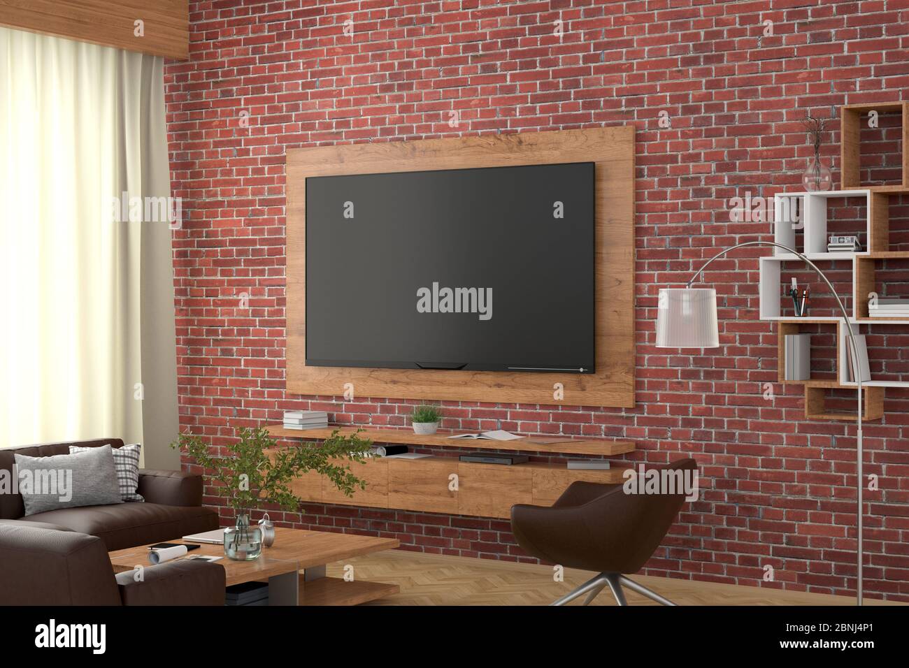 TV screen on the red brick wall with wooden plate above the cabinet in  modern living room with couch, armchair, coffee table, bookshelf, curtain.  Cli Stock Photo - Alamy