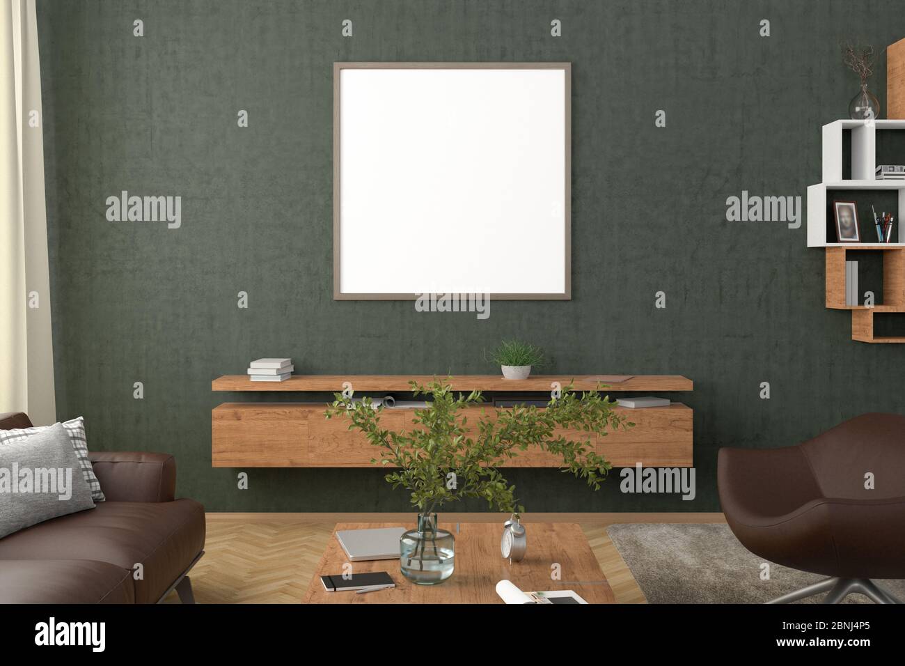 Square blank poster on green concrete wall in interior of modern living room with clipping path around poster Stock Photo