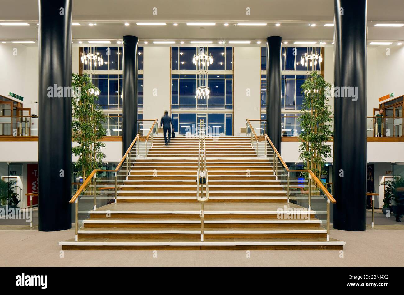 Dusk view, main staircase to sun lounge. Fairfield Halls, Croydon, United Kingdom. Architect: MICA Architects, 2019. Stock Photo