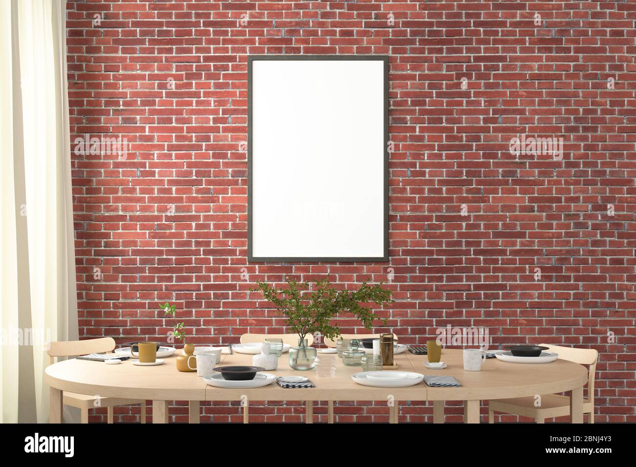 Vertical Blank Poster On Red Brick Wall In Interior Of Modern Dining Room Clipping Path Around Poster 3d Illustration Stock Photo Alamy