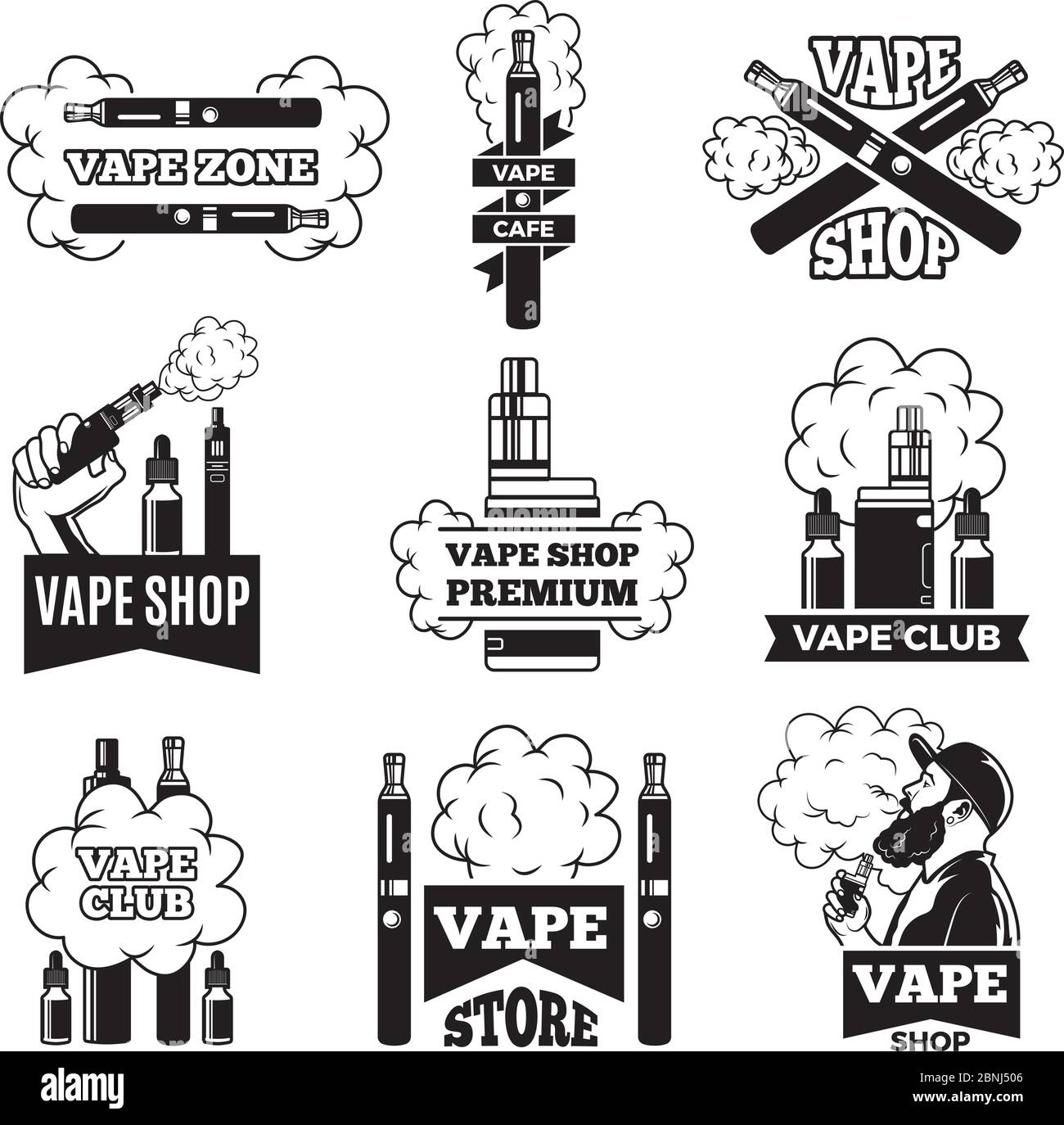 Badges and labels with illustrations of vapor from electric cigarette. Pictures for vaping club or shop Stock Vector