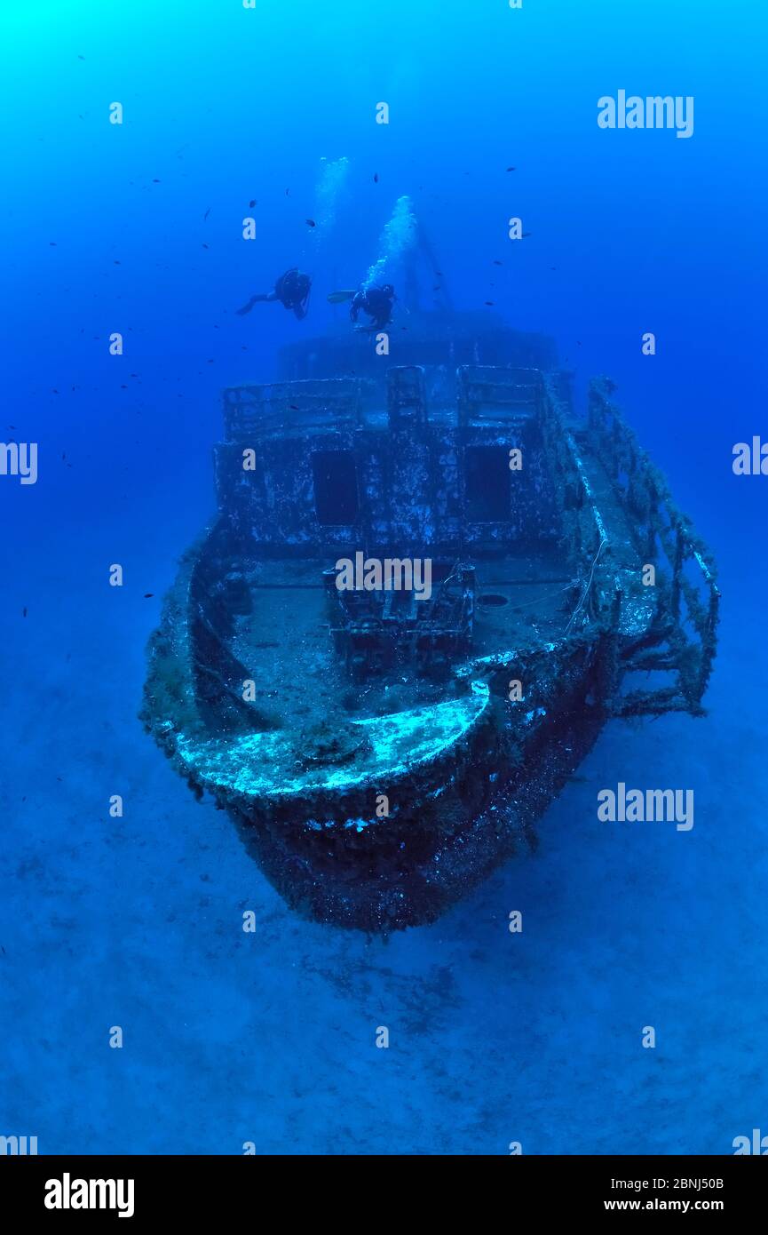Divers on the 'Karwela' wreck, a former ferry sunk in 2006, Gozo Island, Malta, Mediterranean Stock Photo