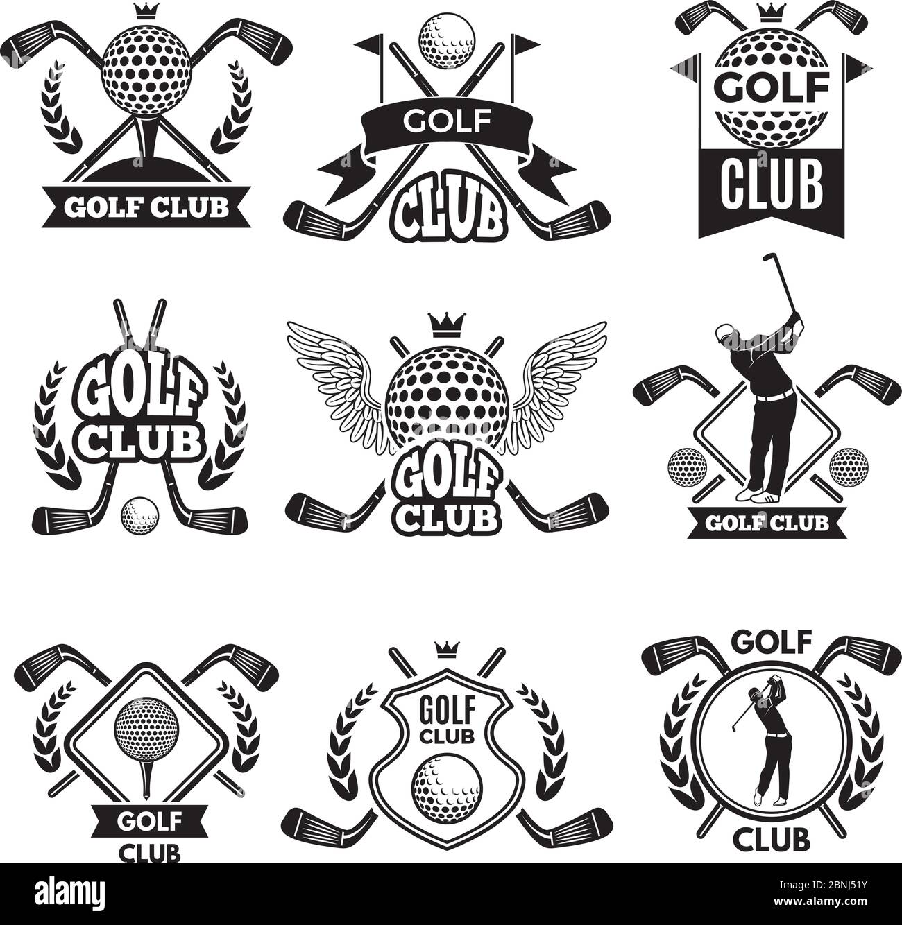 Monochrome labels for golf club. Illustration for sport tournament or competition Stock Vector