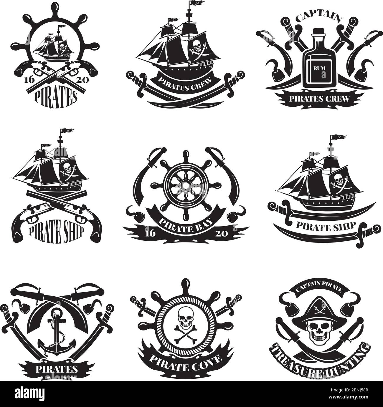 Pirate skull, corsair ships, symbols of piracy. Monochrome labels set Stock Vector