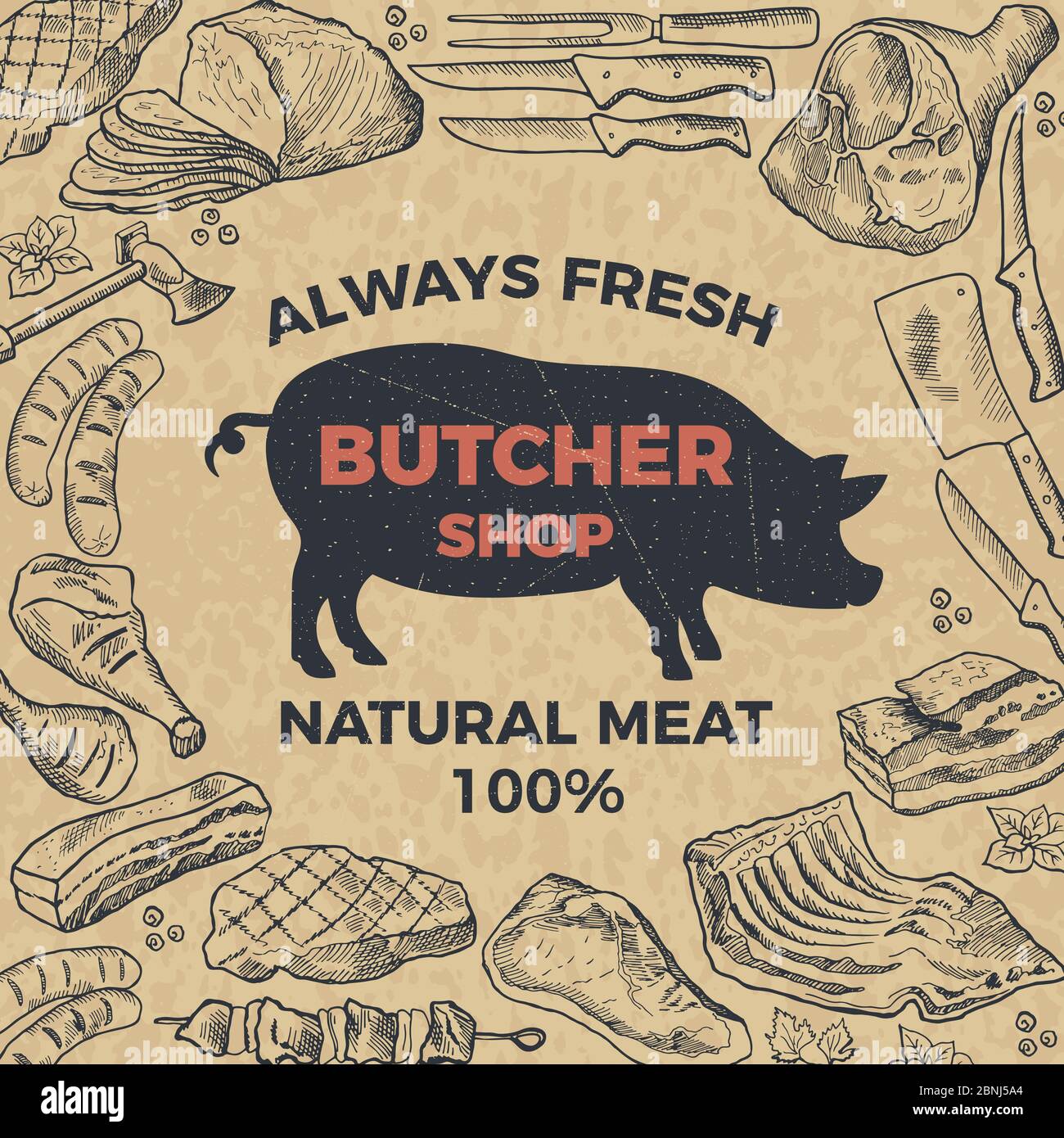 Retro poster for butcher shop. Hand drawn illustration Stock Vector ...