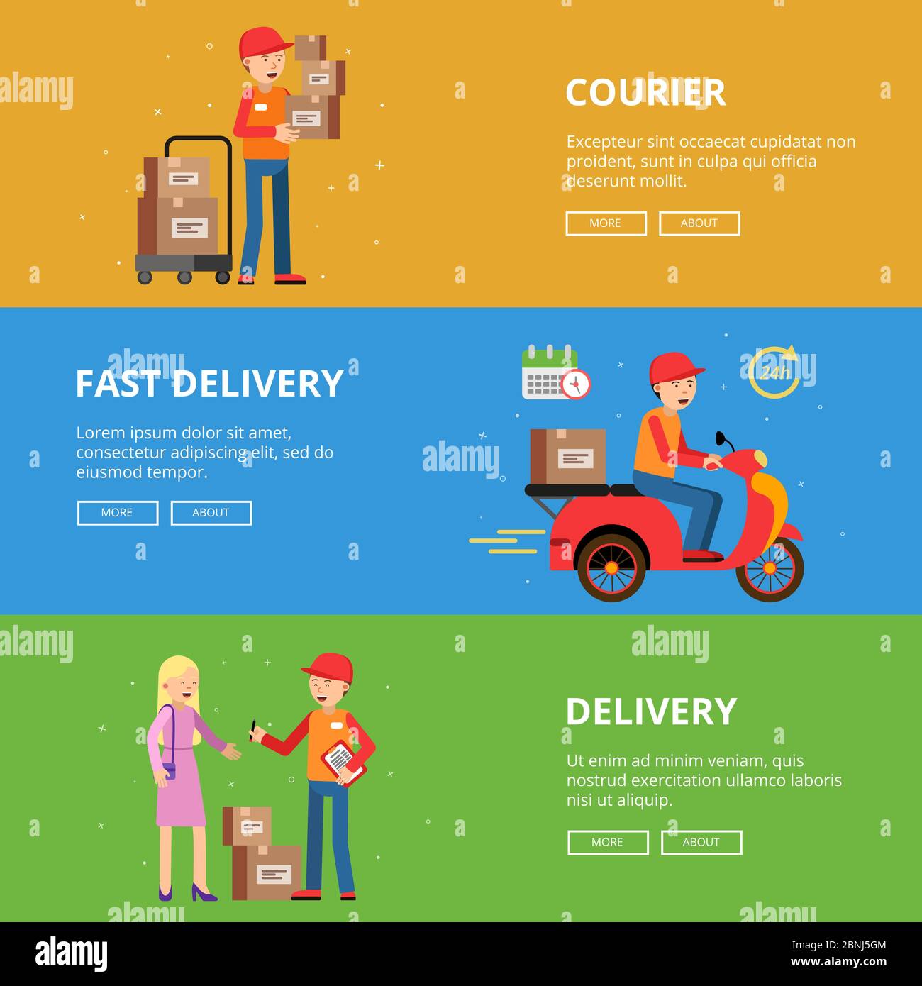 Horizontal banners set. Delivery service people Stock Vector