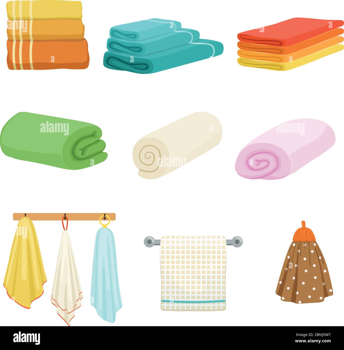 White and colored soft bathe or kitchen towels. Vector illustrations isolate Stock Vector