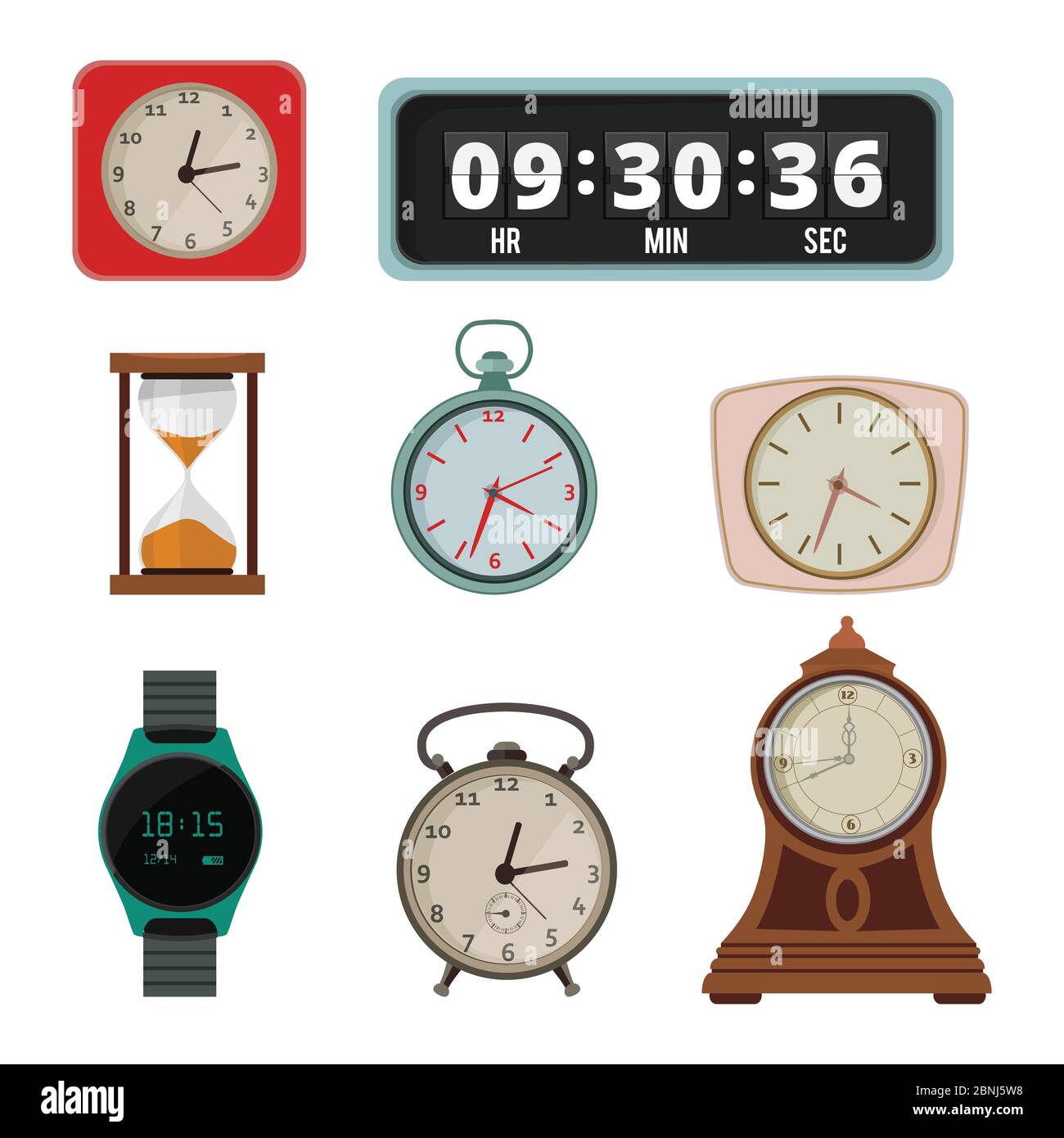 Set of colorful clock in flat style Stock Vector