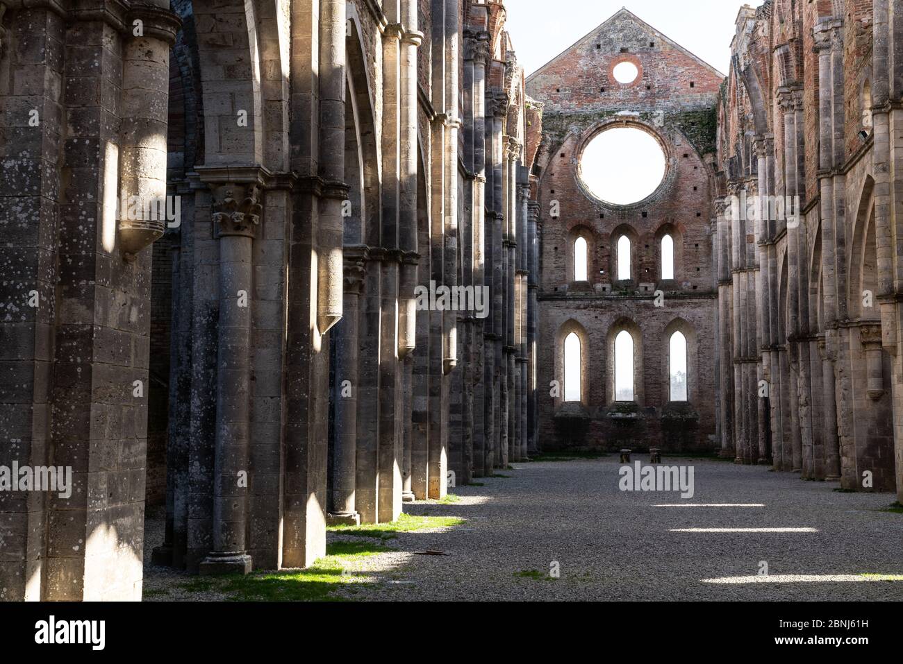 Nave of roofless 13th century Gothic Cistercian Abbey of San Galzano, Chiusdino, Tuscany, Italy, Europe Stock Photo