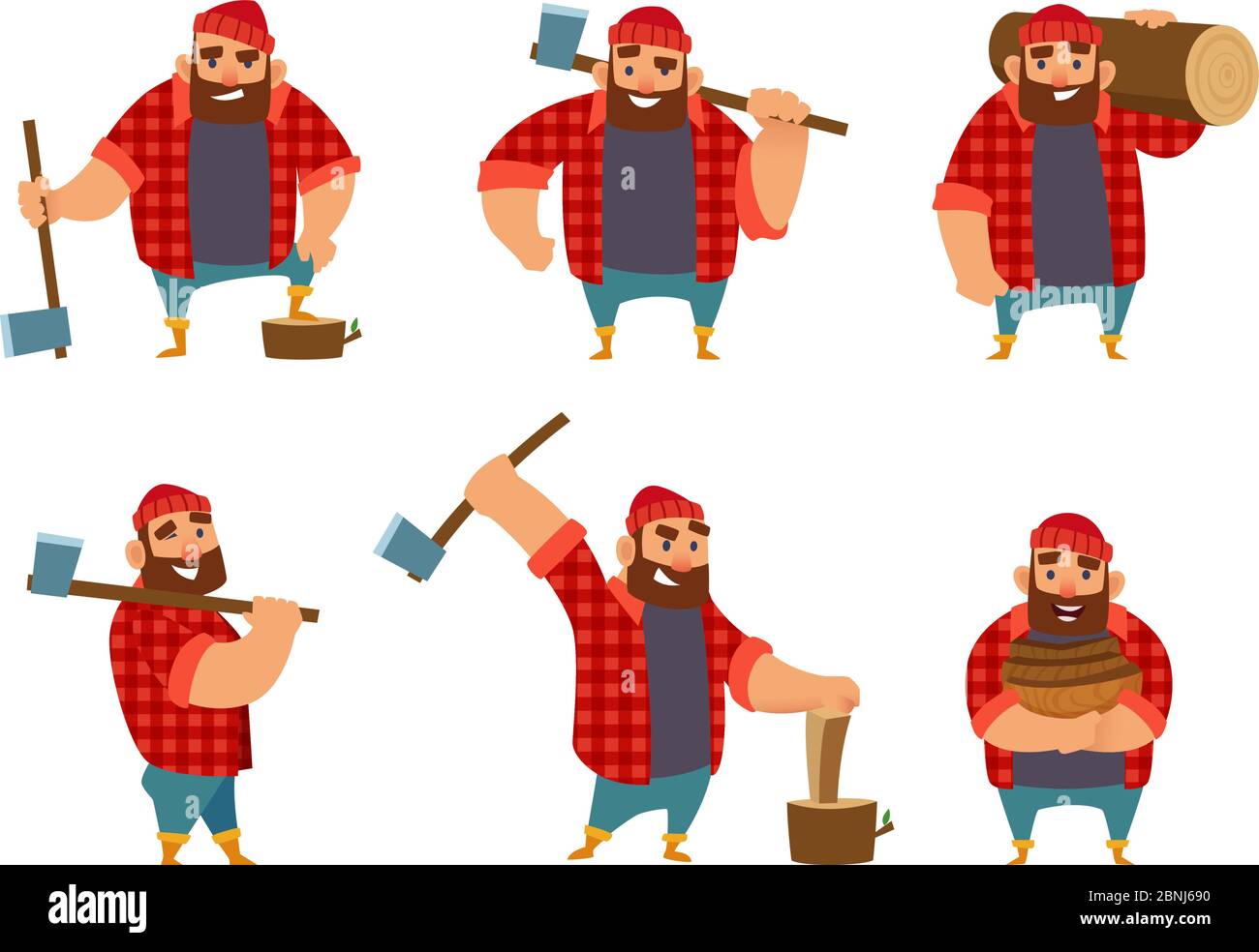 Lumberjack in different poses holding axe in hands. Vector pictures isolate on white Stock Vector