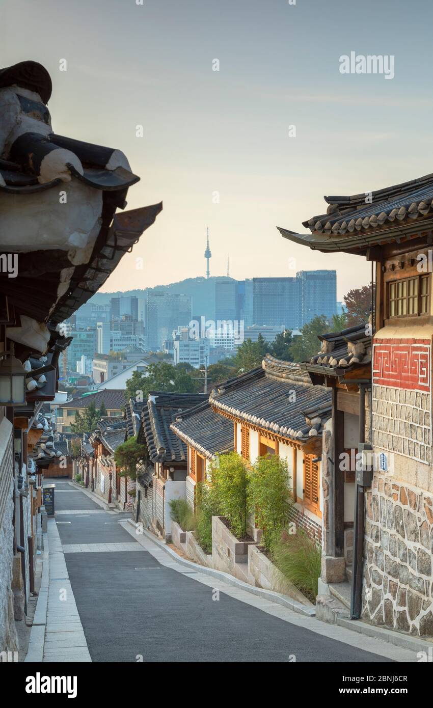 Traditional houses in Bukchon Hanok village at sunrise, Seoul, South ...