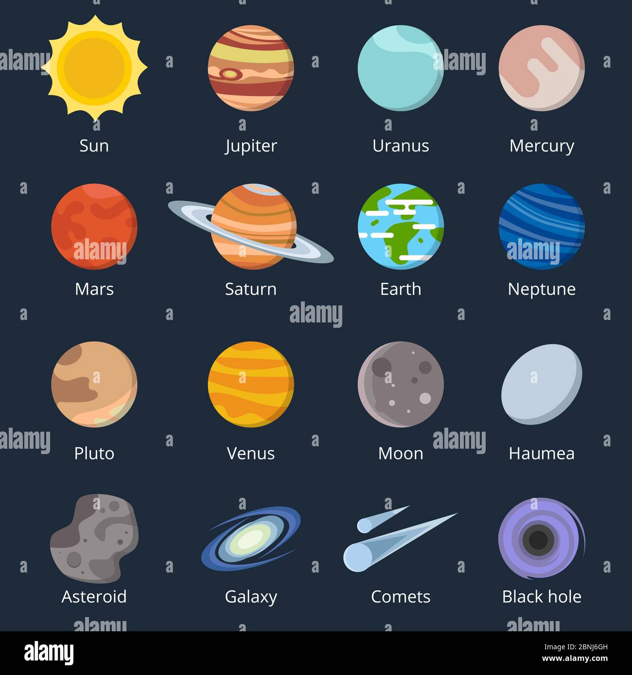 Different planets of solar system. Illustration of space in cartoon style Stock Vector