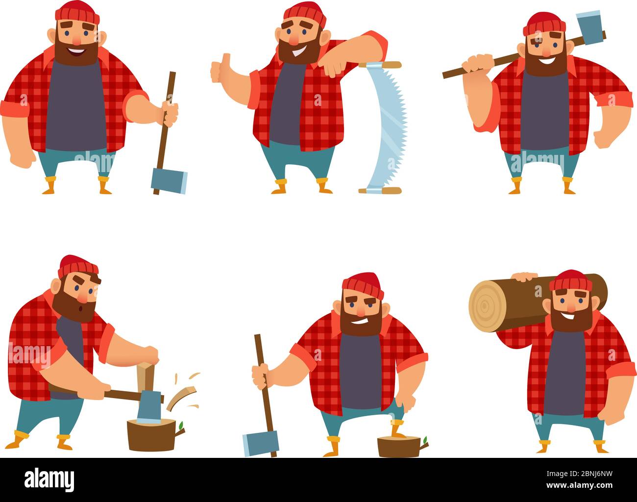 Lumberjack in different action poses. Vector funny character Stock Vector