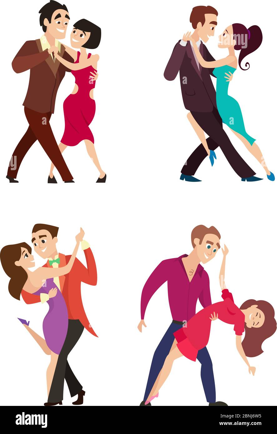 Funny couples dancing latin and foxtrot dance. Male and female characters isolate on white Stock Vector