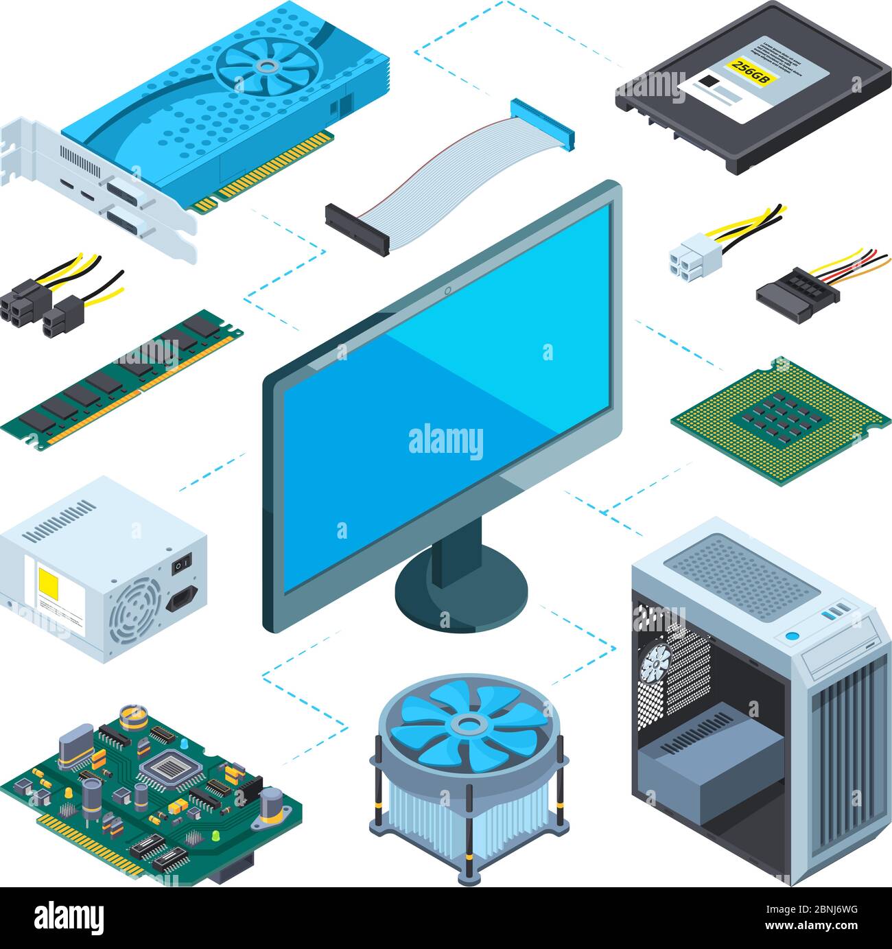 Isometric illustrations of computer hardware. Vector pictures set Stock Vector