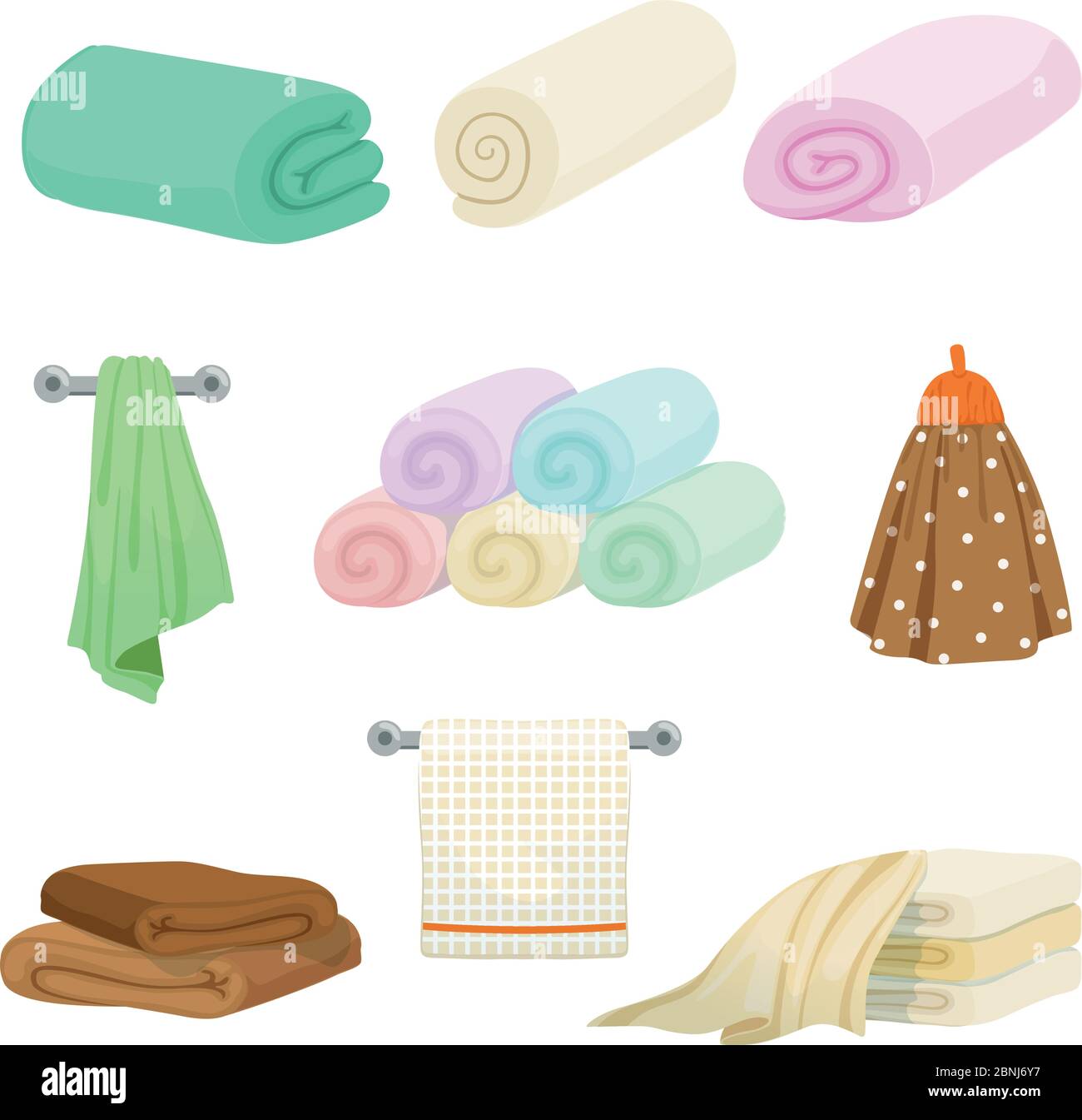 Different colored towels for kitchen and bathroom. Vector pictures in cartoon style Stock Vector