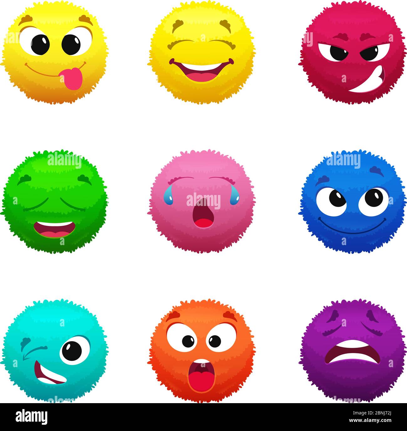 Funny furry faces of monsters. Puffy balls of different colors Stock Vector