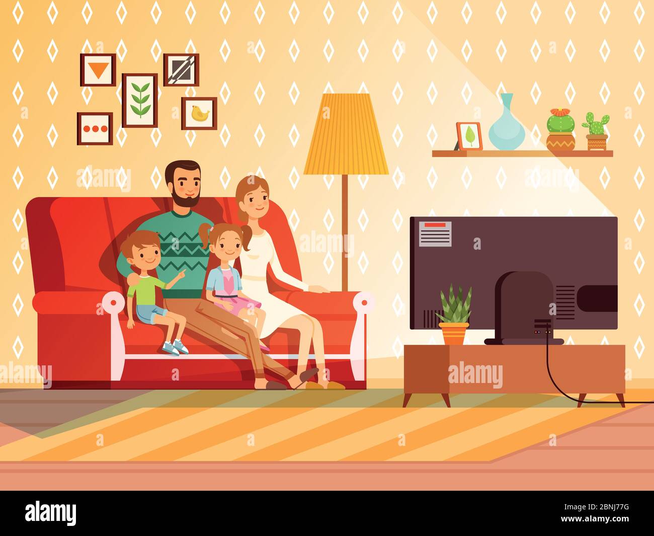 Lifestyle of modern family. Mother, father and children watching tv Stock Vector