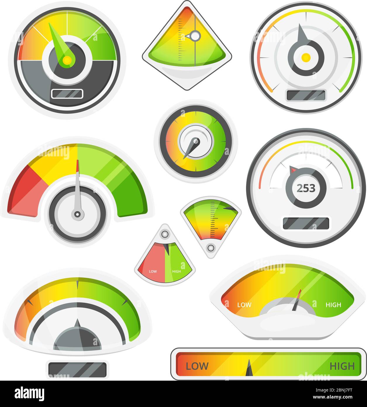 Different speed indicators. Vector pictures of speedometers and tachometers Stock Vector Image