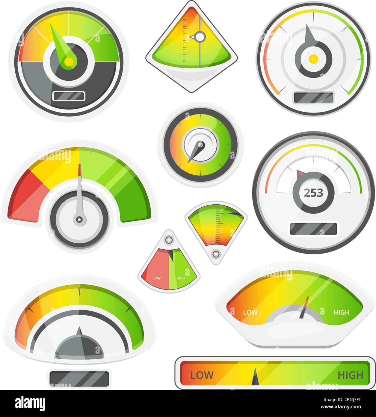 Different speed indicators. Vector pictures of speedometers and tachometers Stock Vector