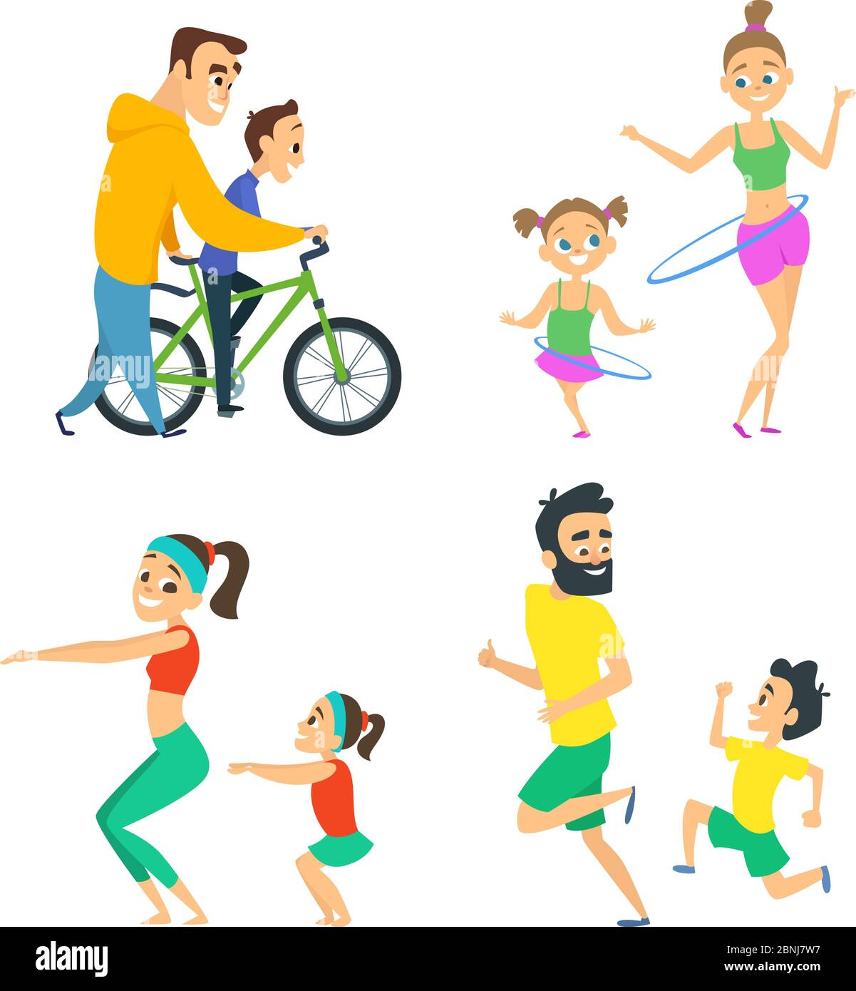 Set of family couples in fitness activities. Parents playing in active games with their children Stock Vector